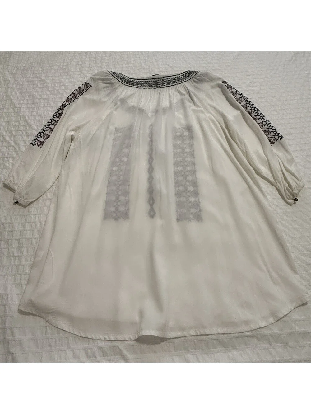 Ali Miles Embroidered Tunic Top Geo Tribal Boho Tassel Tie Neck M Medium NWT